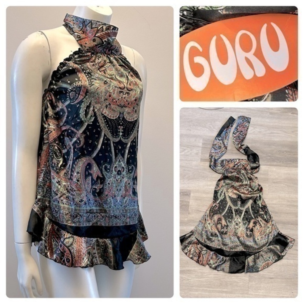 NWT GURU sleeveless blouse top with ruffle hem and tie neck. Soft and silky.